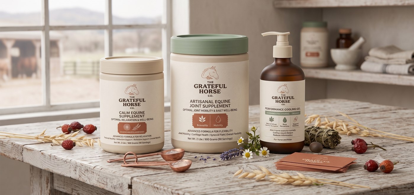 The Grateful Horse Co. full range — Calm Equine Supplement, Artisanal Equine Joint Supplement, and Performance Cooling Gel on a farmhouse table